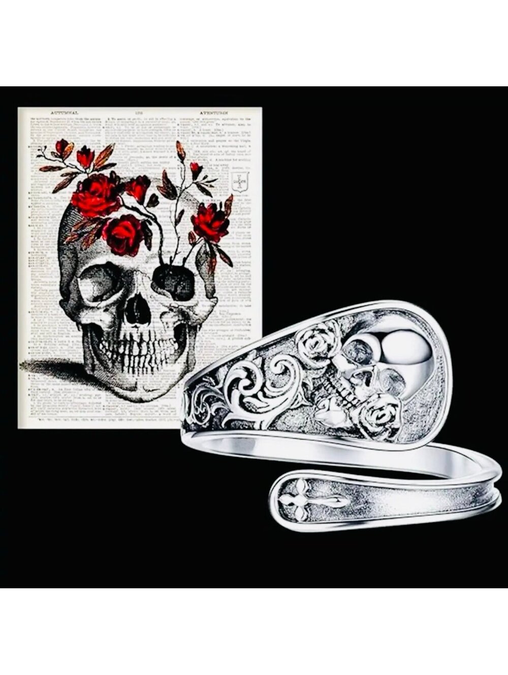 New - Open Skeleton Skull Rose Cross Pattern Ring - OS
